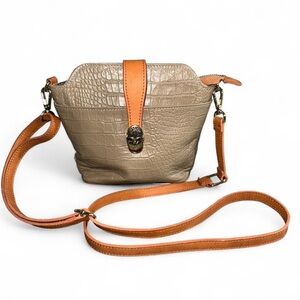 Valentina Taupe Croc-Embossed Small Crossbody with Tan Strap-Genuine Leather